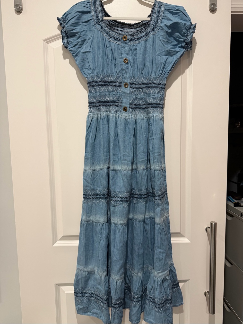 Girls Light Blue Tiered Cotton Dress with Smocked Waist